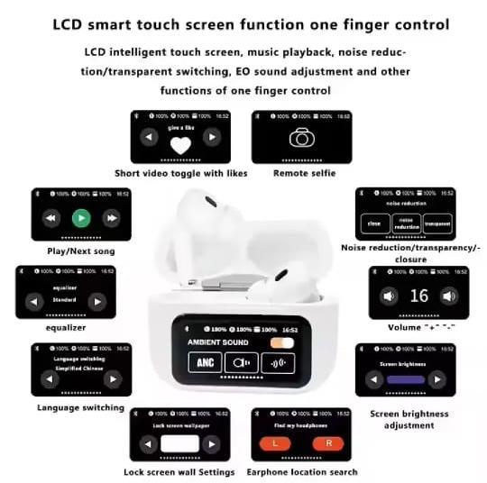 A9 Pro Wireless Bluetooth Earbuds with ANC & Smart Touch Screen